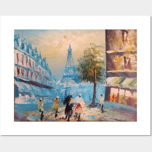 Paris Eiffel Tower, France, Oil Painting on Canvas of Street View with People Posters and Art